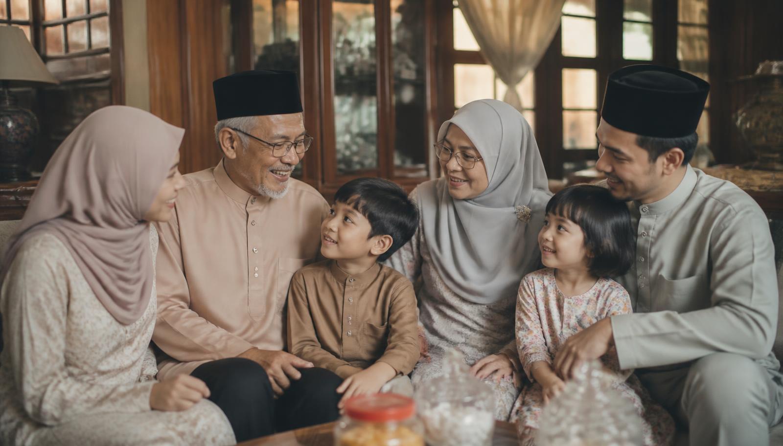 A multigenerational Malaysian family sitting together at home in warm daylight