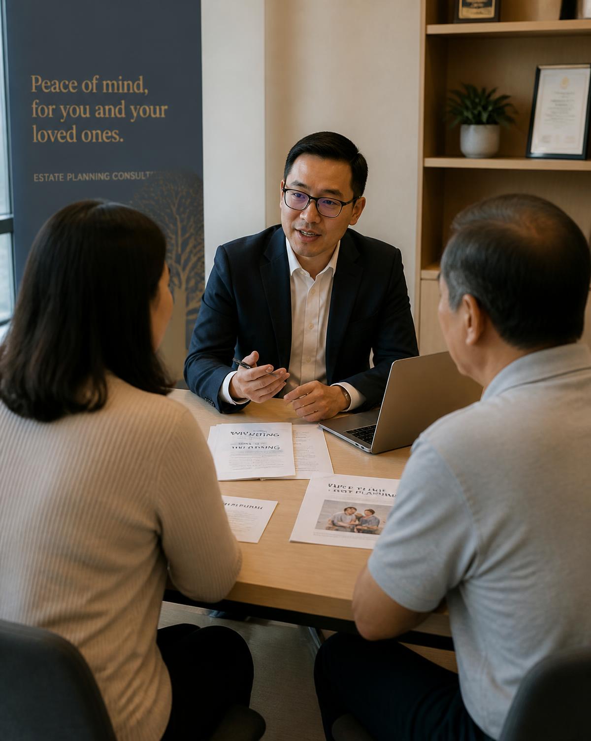 An estate planner discussing a plan with a couple across a table in a calm office