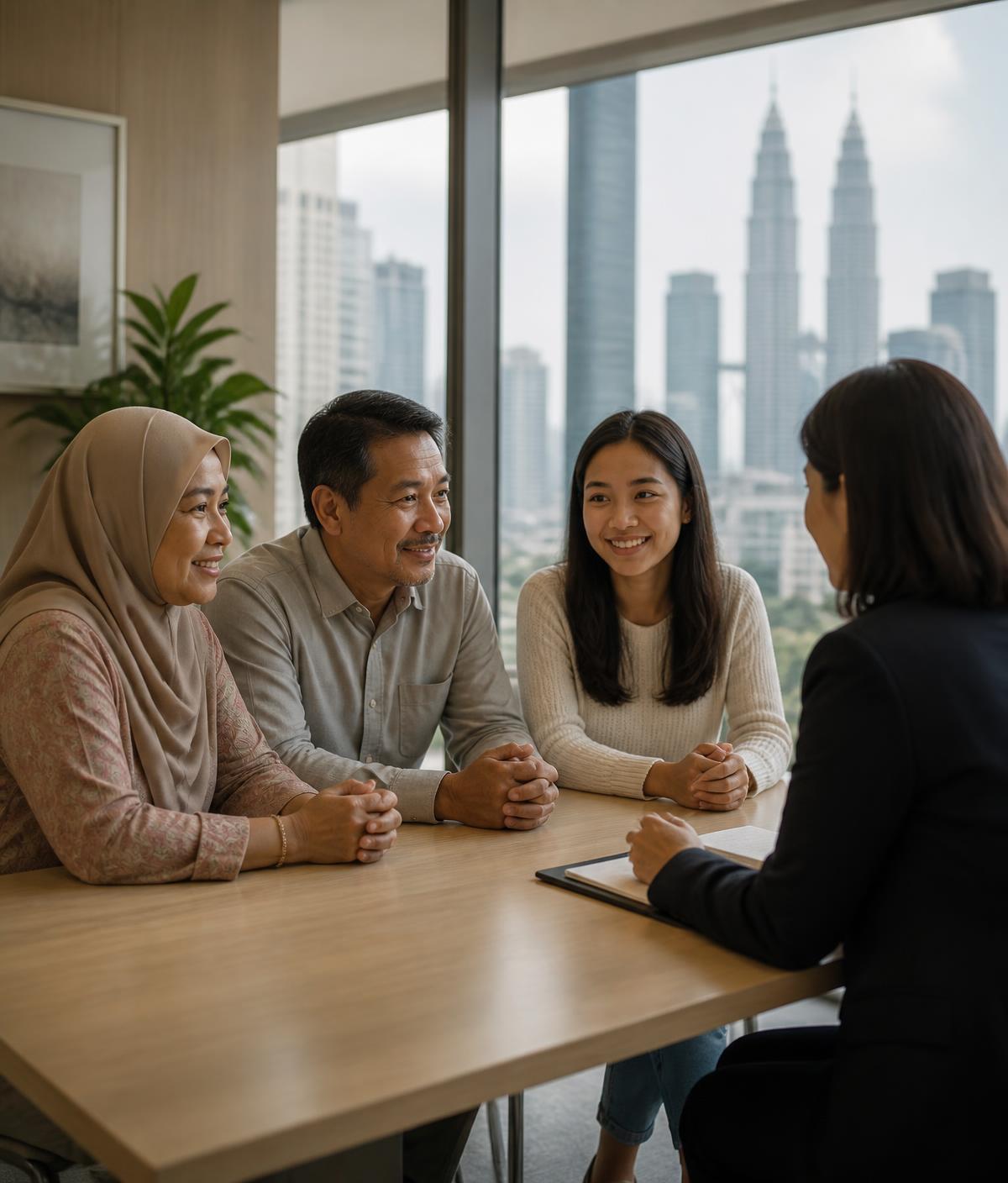 A Malaysian family in conversation with a professional consultant in a contemporary office